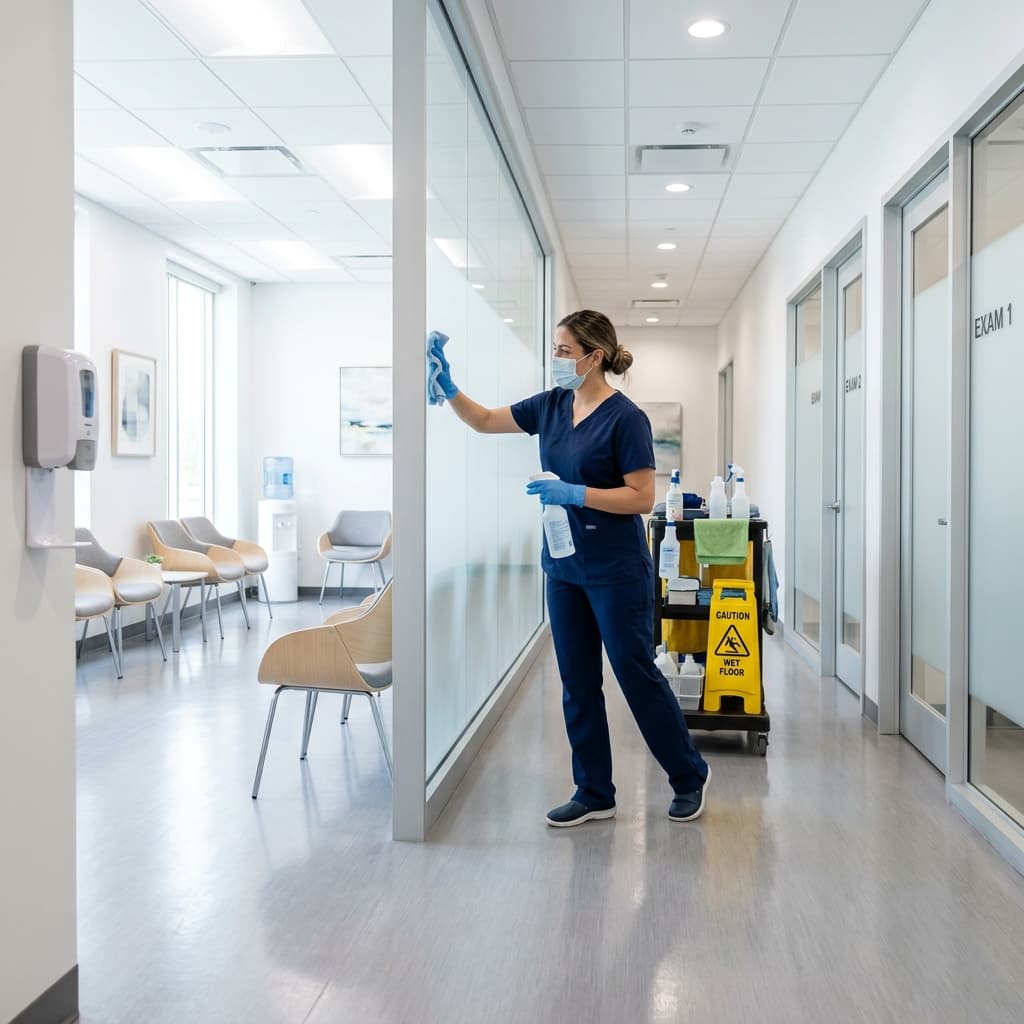Professional medical cleaning in a bright, modern healthcare waiting room in Central MA