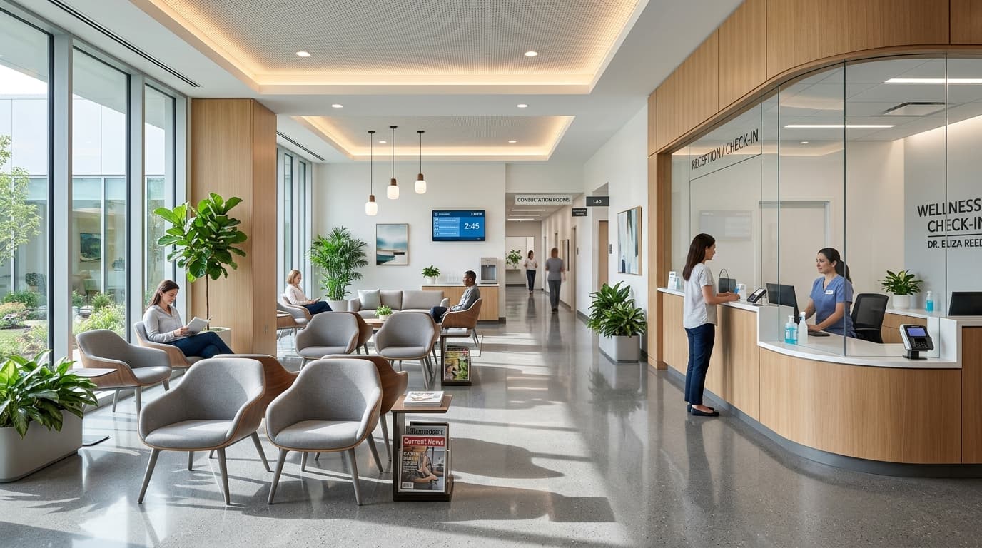 Spotless medical office waiting room and reception desk