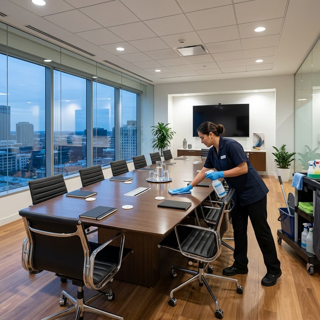 Professional corporate office cleaning in a clean, bright, modern corporate boardroom in Central MA