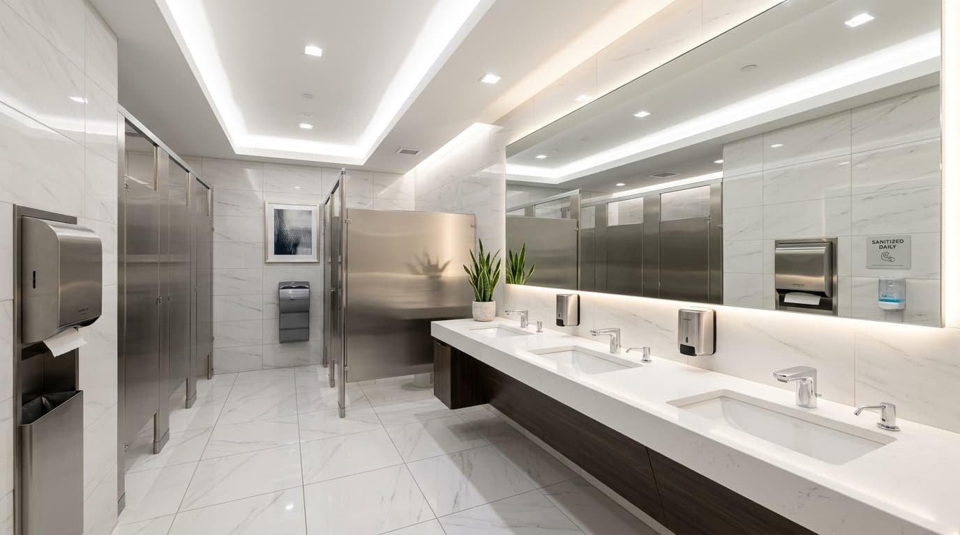Spotless commercial restroom maintained by Enterprise Cleaning Corporation