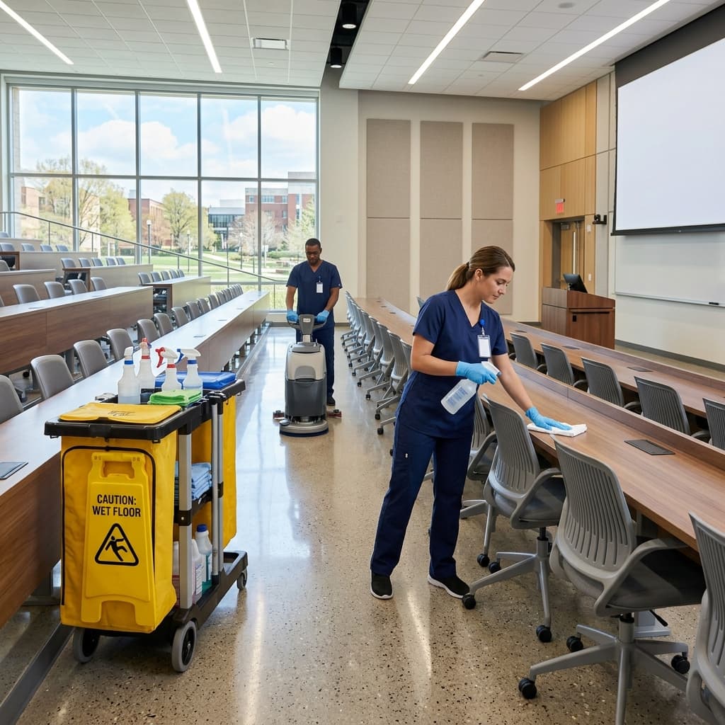 Professional cleaning of a modern school corridor or university lecture hall in Central MA
