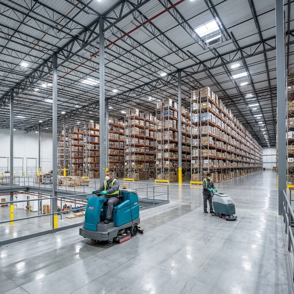 Professional cleaning of a massive, modern warehouse and distribution center interior in Central MA